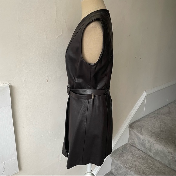Vintage Jackie Bernard Brown Leather Sleeveless V-Neck Belted Mini Dress EUC 6 - Picture 2 of 7